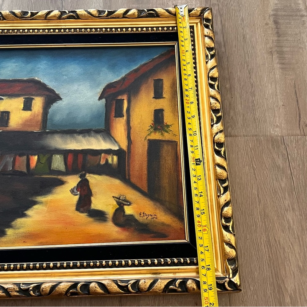 E. Dagnin Original Oil Painting, Mexico Village, Gold Coating Wood Frame - Picture 5 of 7